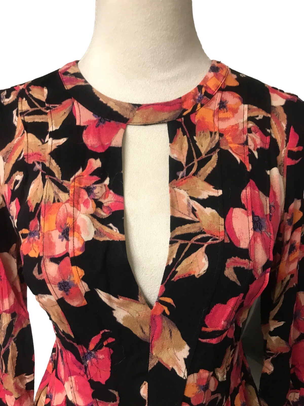 Free People Tegan Black Orange Floral Bell Long Sleeve Fit Flare Mini Dress Sz 0