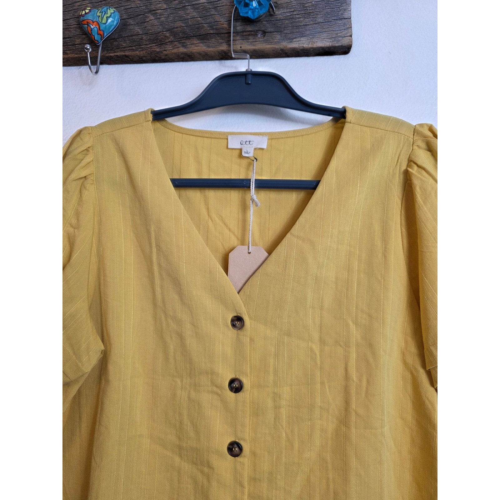Ott Womens Mustard Yellow Button Front Puff Sleeve Blouse Large NEW