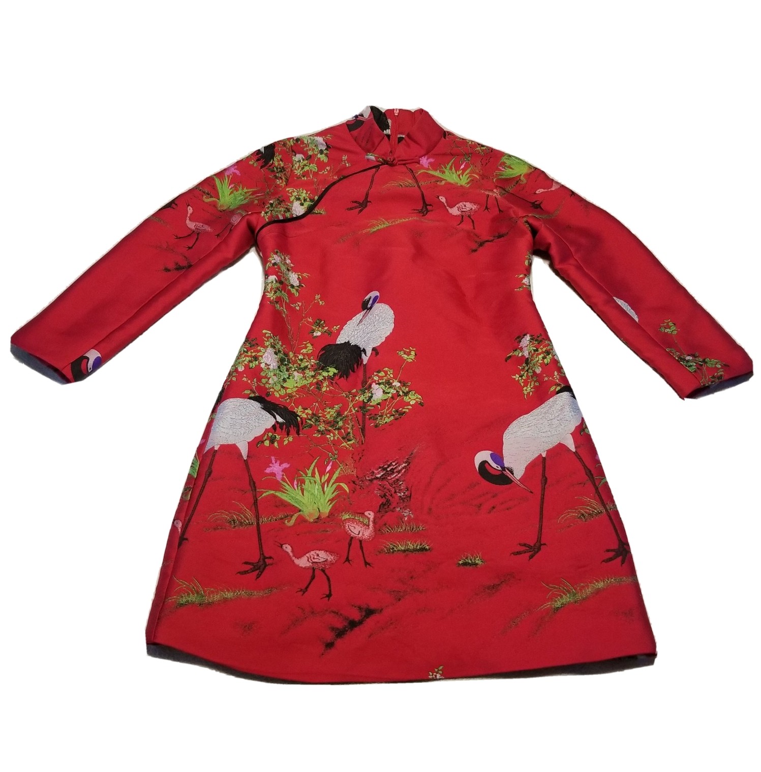 Women Size Medium Red Cheongsam Qipao Dress Crane Long Sleeve 95% Cotton