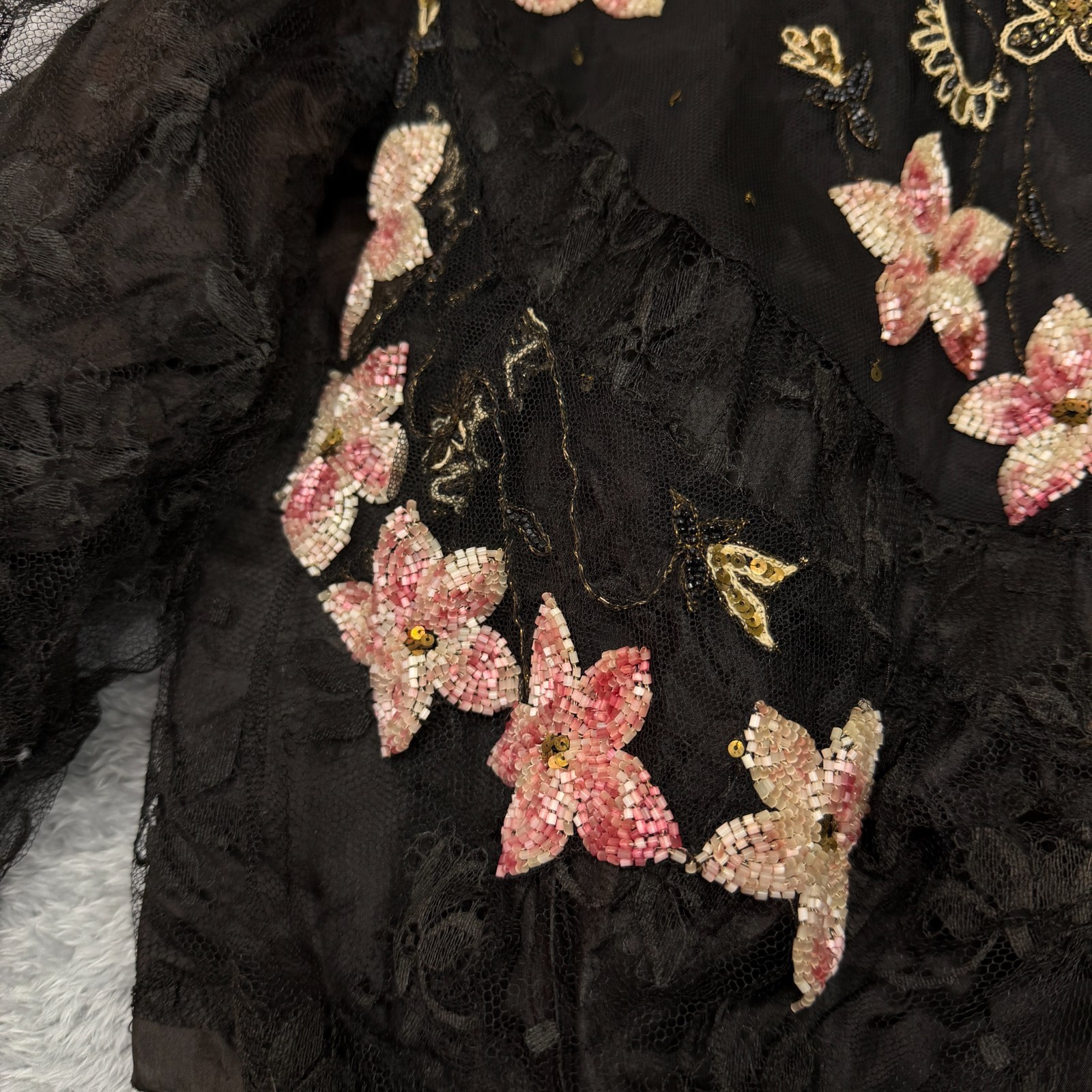 Antique Edwardian Jacket Black Pink Floral Beaded Silk Victorian Early 1900s