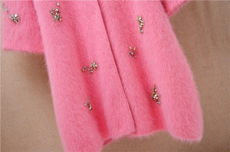 Women Thick Beading Angora Rabbit Fur Half Sleeves Slim Cardigans Sweater Coat