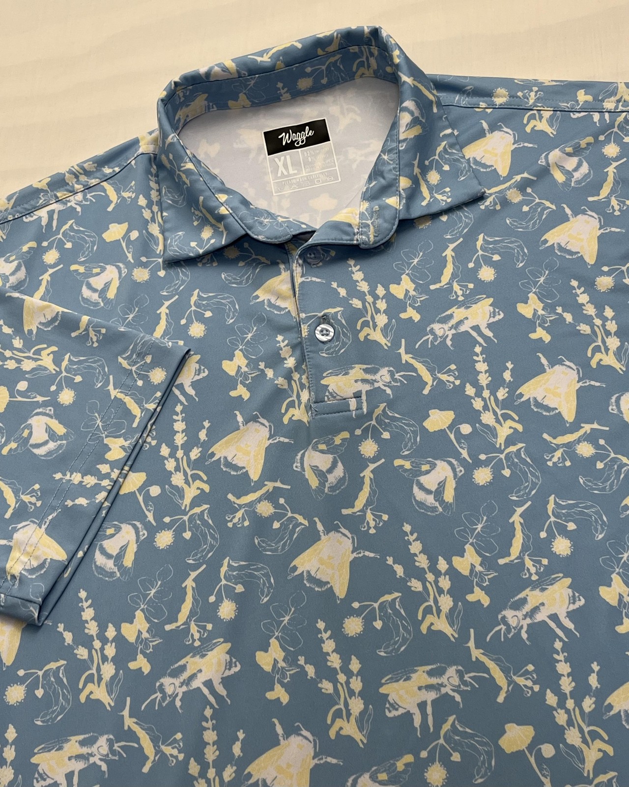 Waggle Polo Shirt Mens XL Blue Bees Floral Golf Performance Stretch Collared