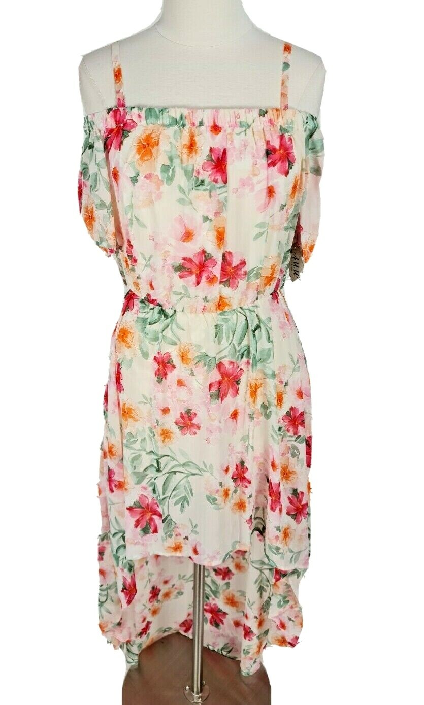 A U W Chiffon Floral Off Shoulder Short Sleeve Hight Low Maxi Dress Women Size L