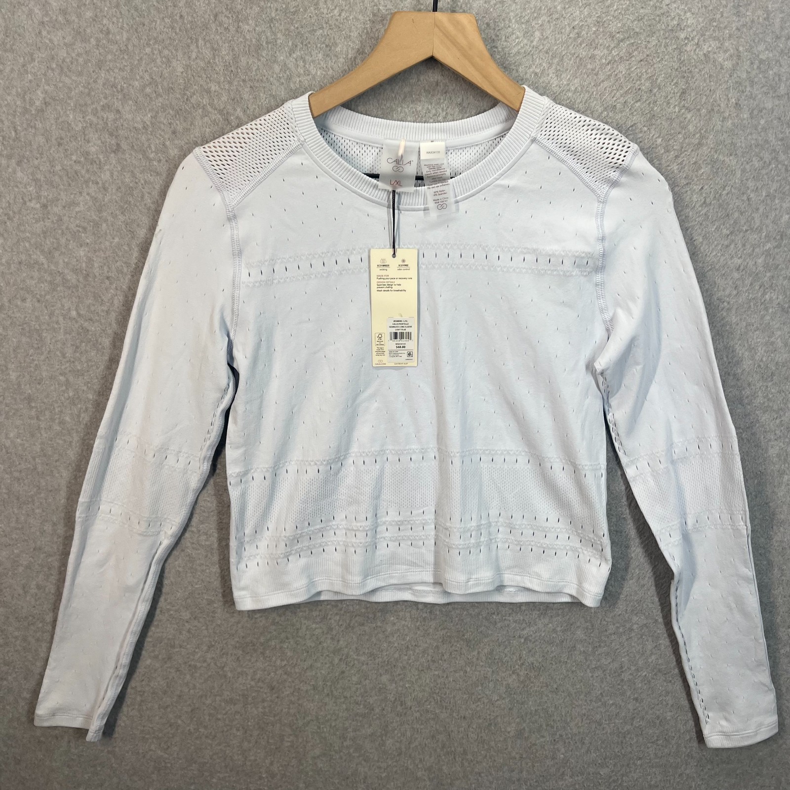 CALIA Women’s Pointelle Seamless Long Sleeve Cropped Shirt – L/XL Light Blue NWT