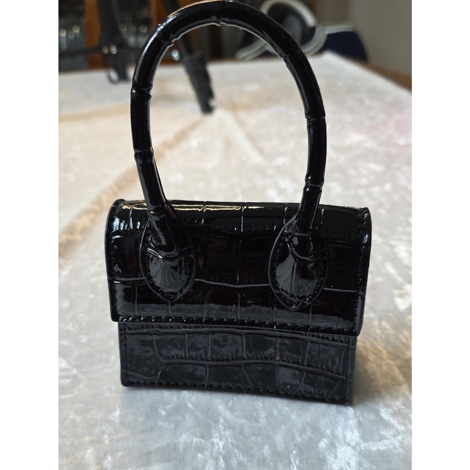 NWOT Black Croc-Embossed Patent Top-Handle Mini Bag