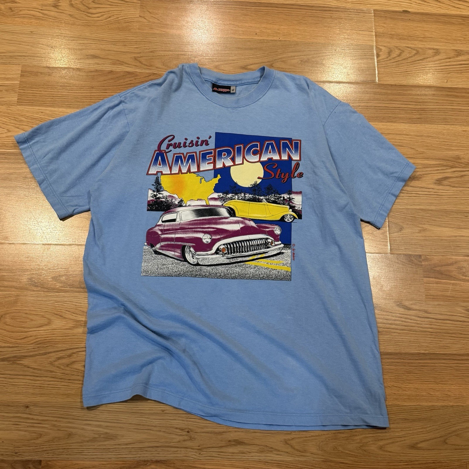 Vintage 90s Kappa American Cruisin’ Cars Graphic Shirt Blue Classic Tee Size XL