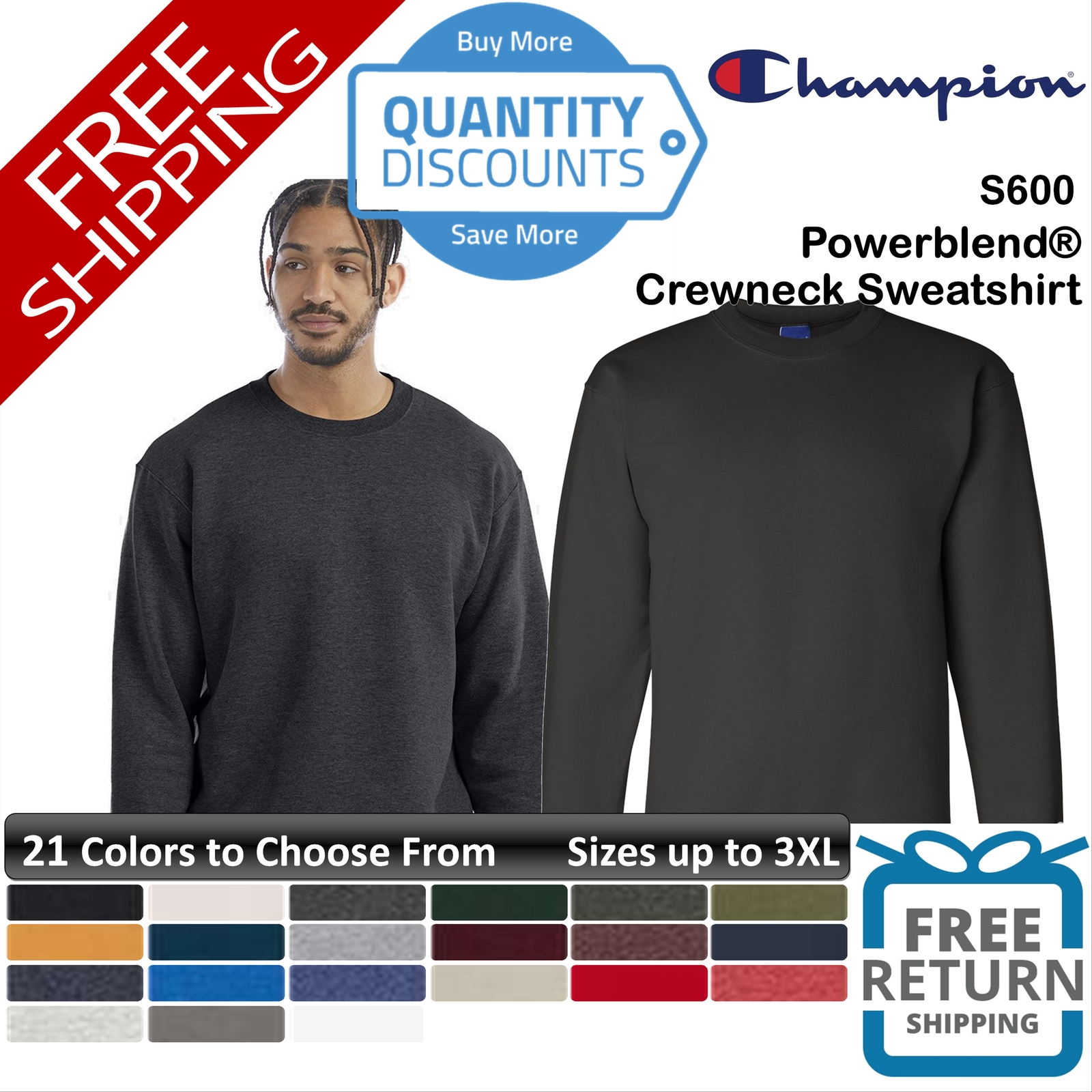 🔥 Champion Men Powerblend 50/50 Heavy Crewneck Sweatshirt Up To 3XL S600