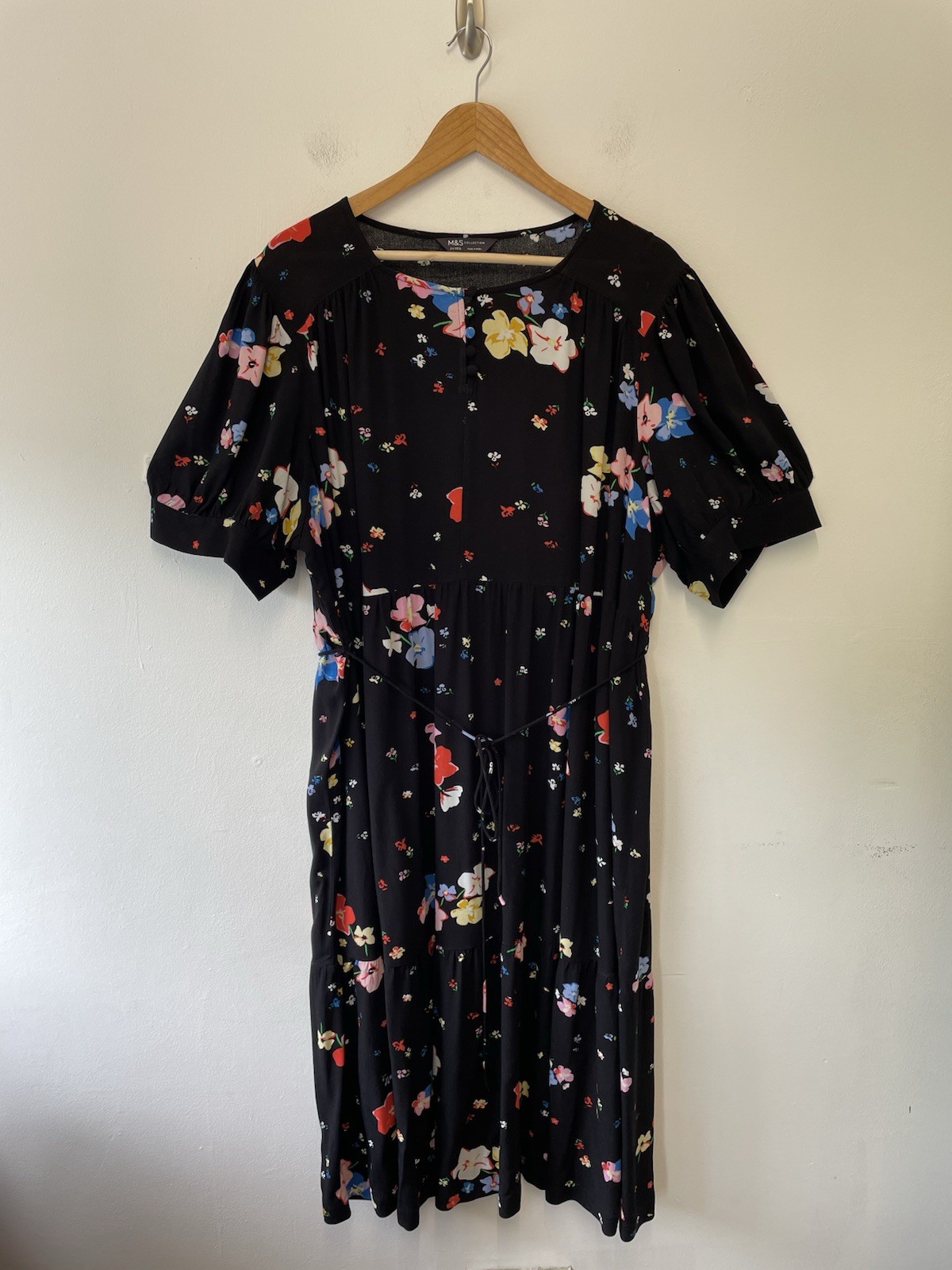 M&S Floral Print Midi Dress Size 24 Black Multi Tiered Button Detail Belted