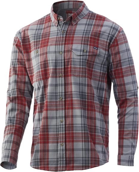 HUK Rutledge Stretch Flannel Lg Sleeve Button Up Shirt Volcanic Ash Size Large