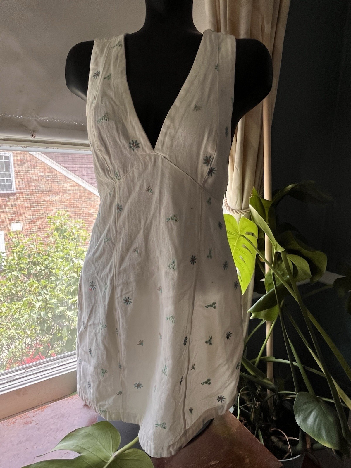 Free People Denim Halter Dress Size Xs With Floral Embroidery
