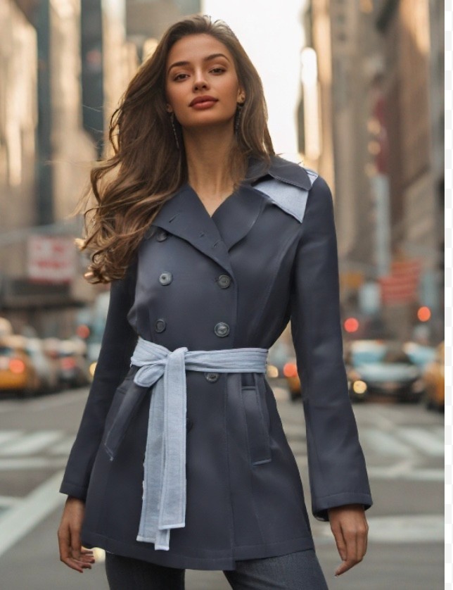 DKNY Trench Coat Womens Size Medium Blue Double Breasted Button Epaulette Belt