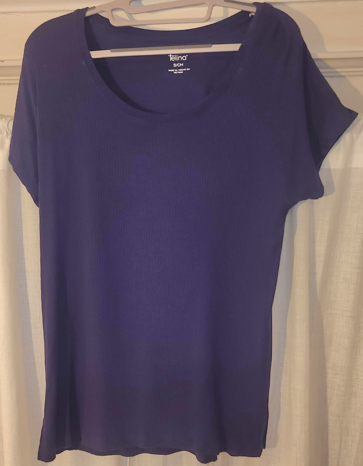Felina Blue Solid Knit Scoop Neck Ribbed Stretch Short Sleeve T-Shirt Women’s S