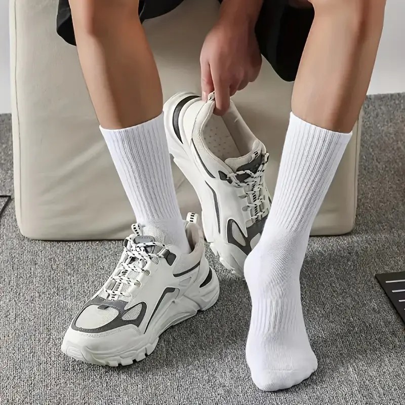 Men White Solid Sports Cotton Crew Socks Athletic Work Size 9-11 10-13