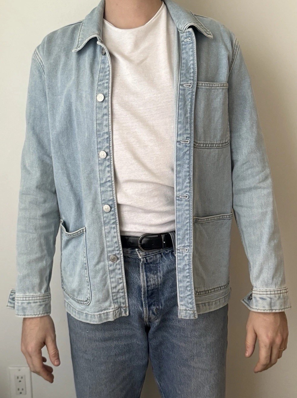 Sandro Paris Denim Chore Jacket Men’s Light Wash Blue French Designer Workwear