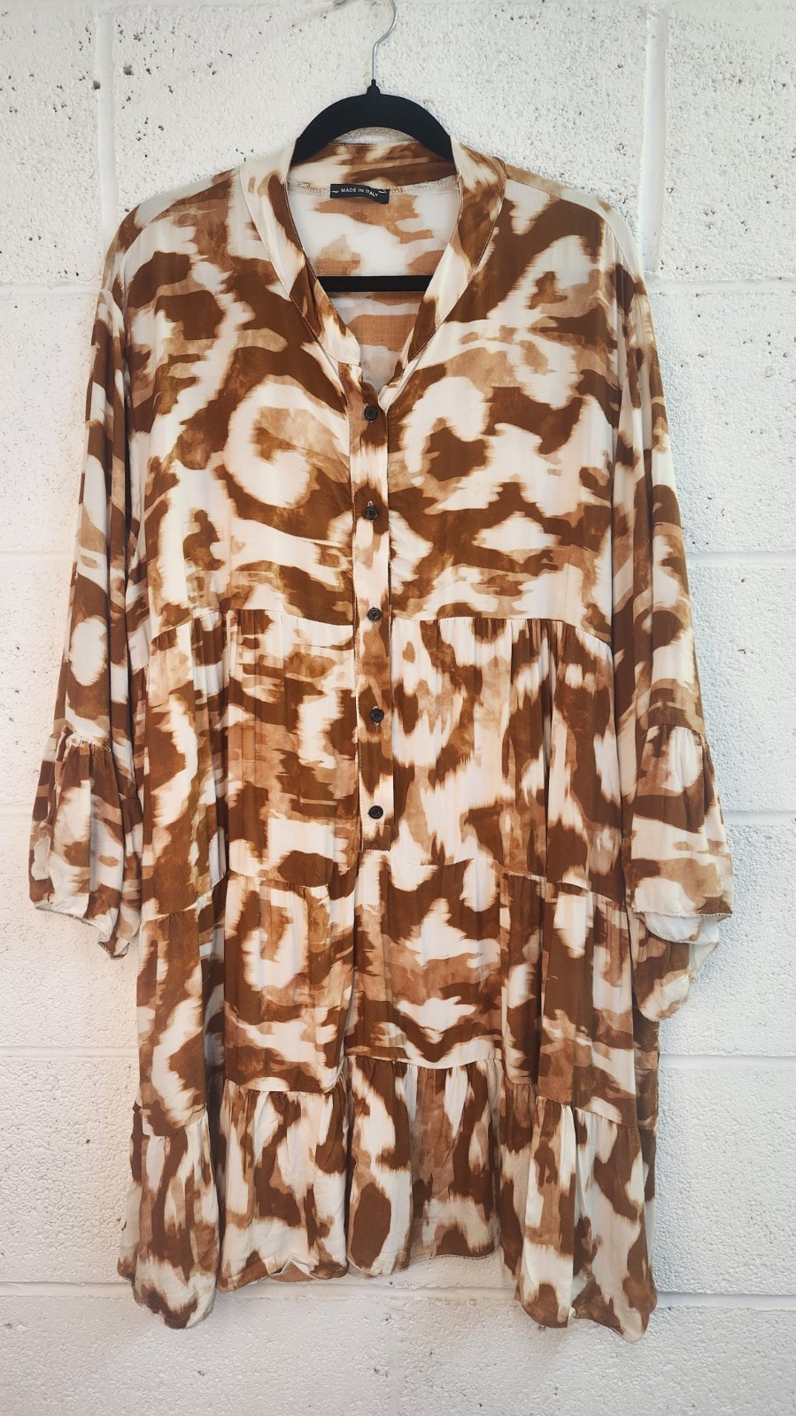 Made in Italy Brown Cream Abstract Tiered Shirt Smock Dress UK 18 20 Viscose