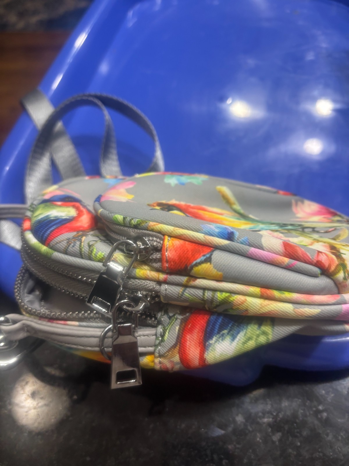 Coco and Carmen 100% Vegan Leather gray floral purse /with hummingird