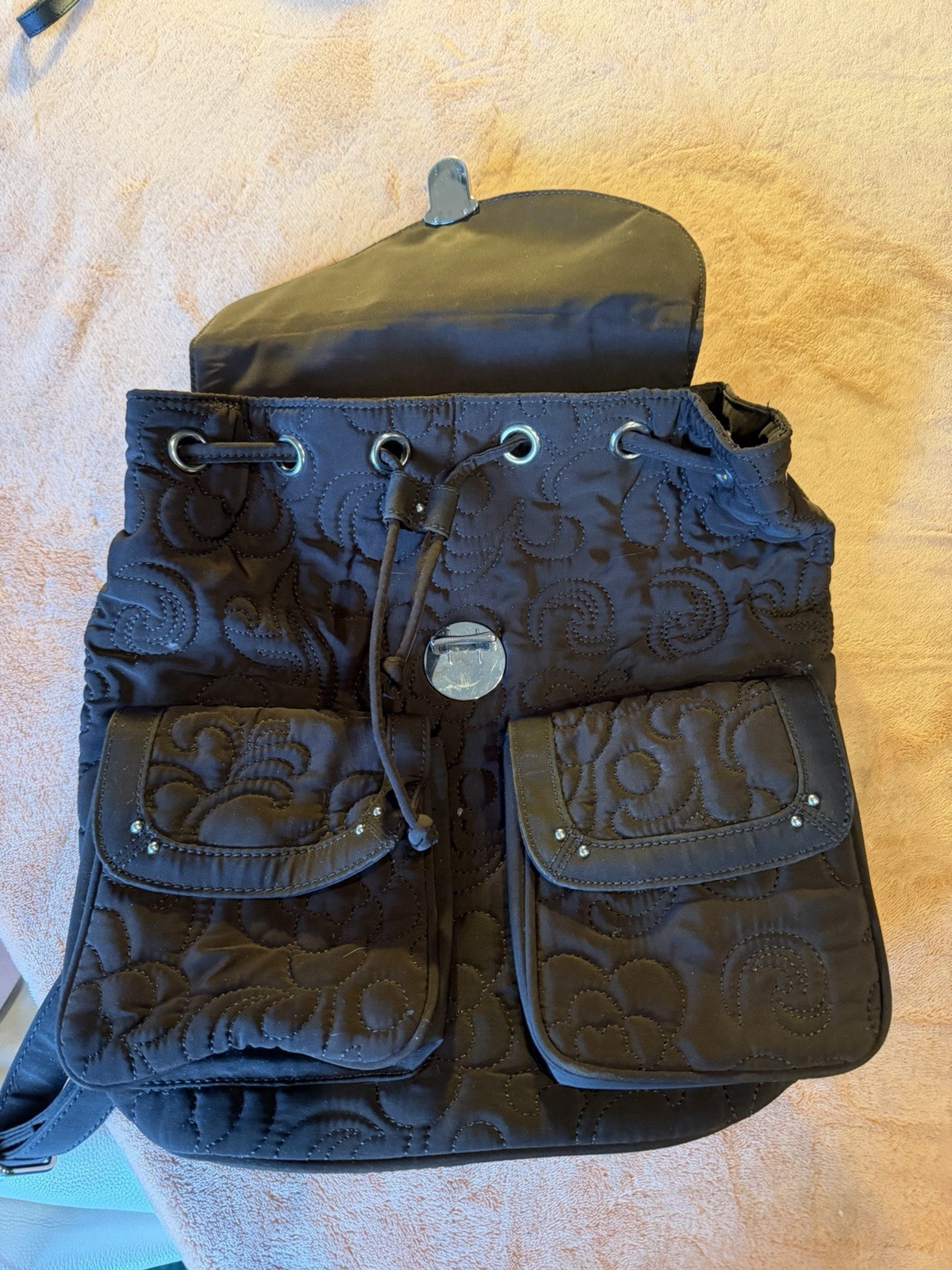 Vera Bradley Brown Floral Backpack Drawstring Turn Lock Pockets Silver Hardware