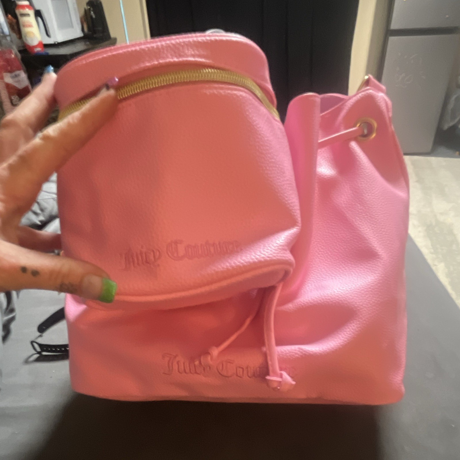 Juicy Couture Pink Medium Drawstring Bucket Bag w/ Zip Pouch, Charm, Gold zipper
