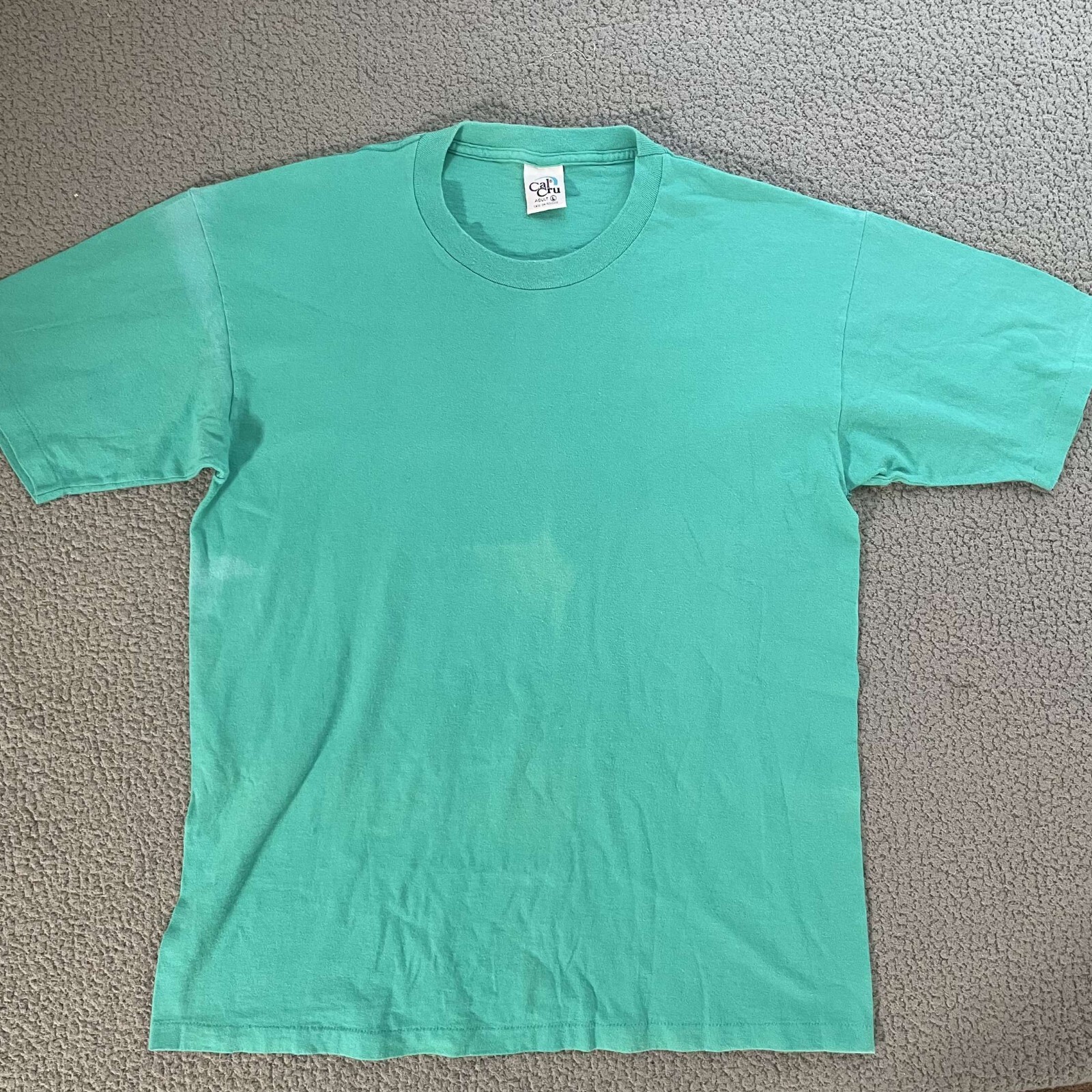 VINTAGE Cal Cru Mens Large Teal Short Sleeve Basic T-Shirt Single Stitch Blank