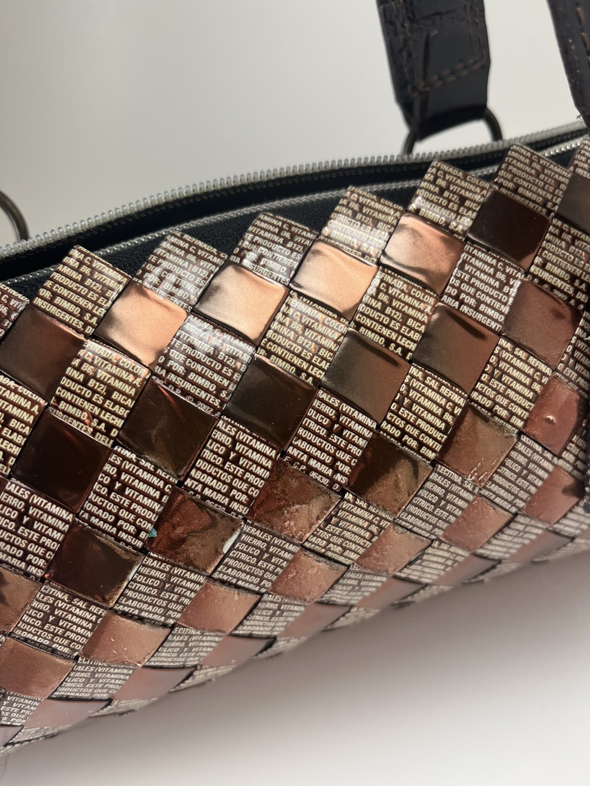 Nahui Ollin candy wrapper purse, mini-duffle shape