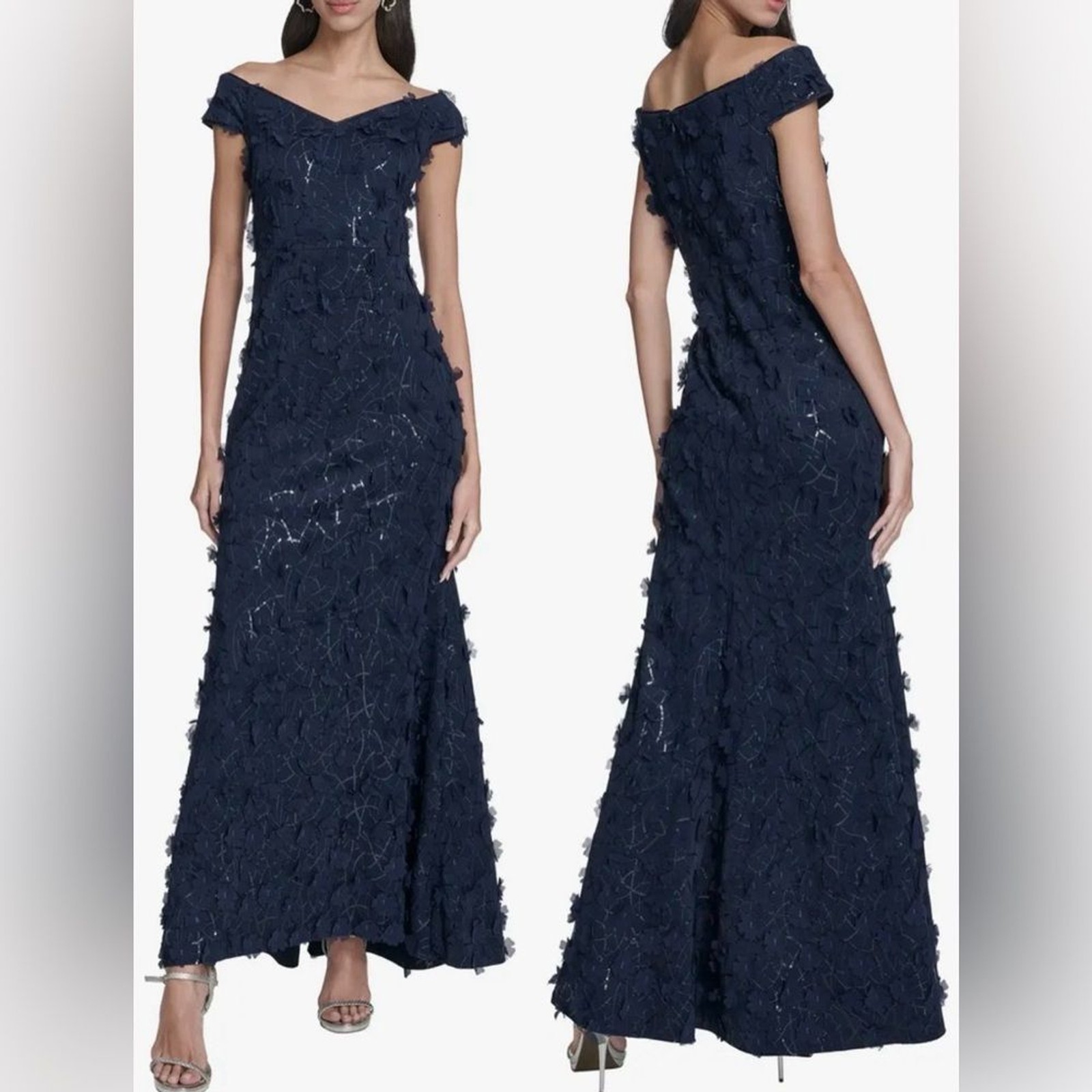 NEW Eliza J 3d floral Appliqué Off The Shoulder mermaid navy Gown sz 4