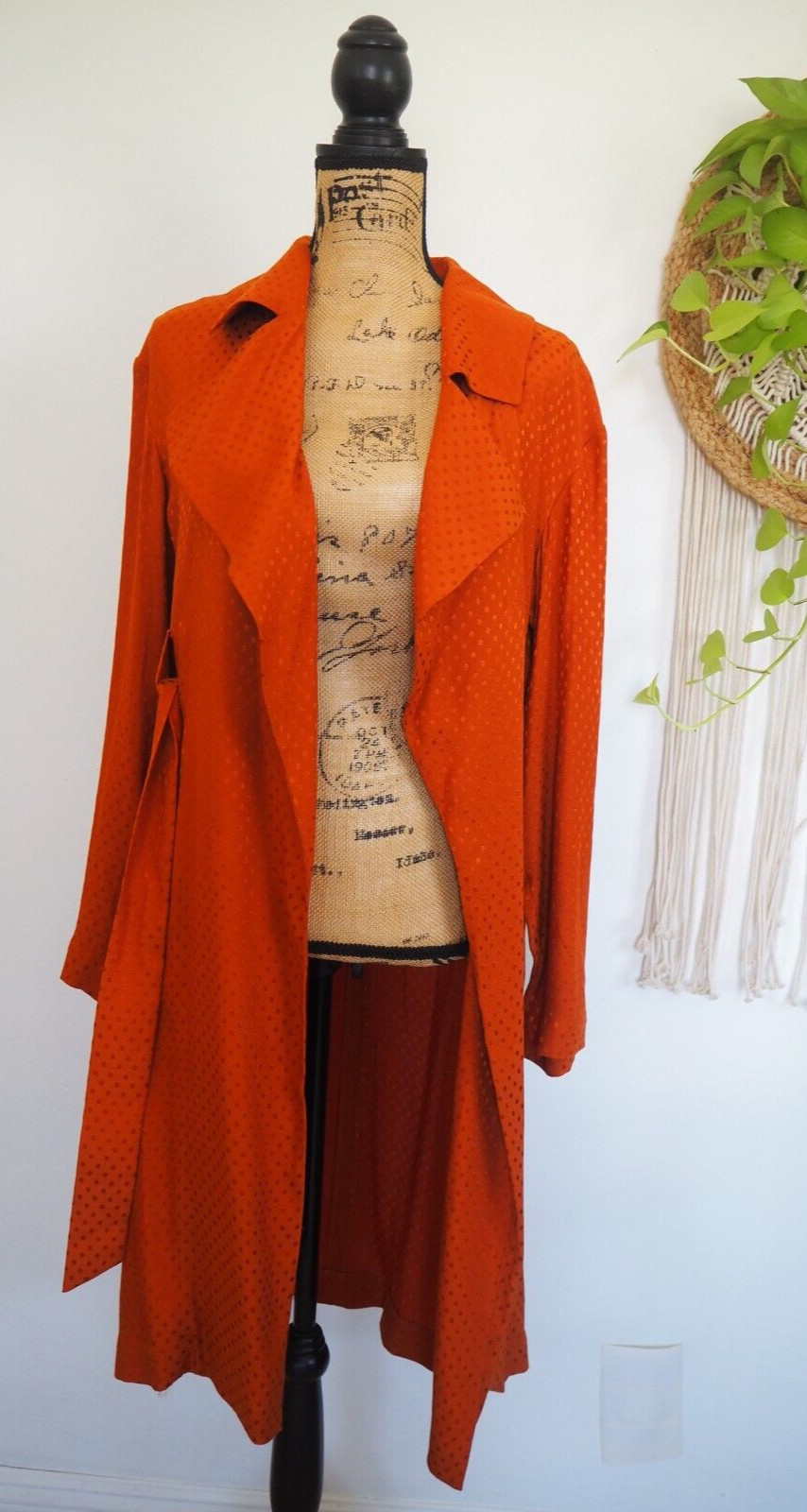 Brown Terracotta Rust Polka Dot Contrast Belted Rayon Trench Coat Size Small