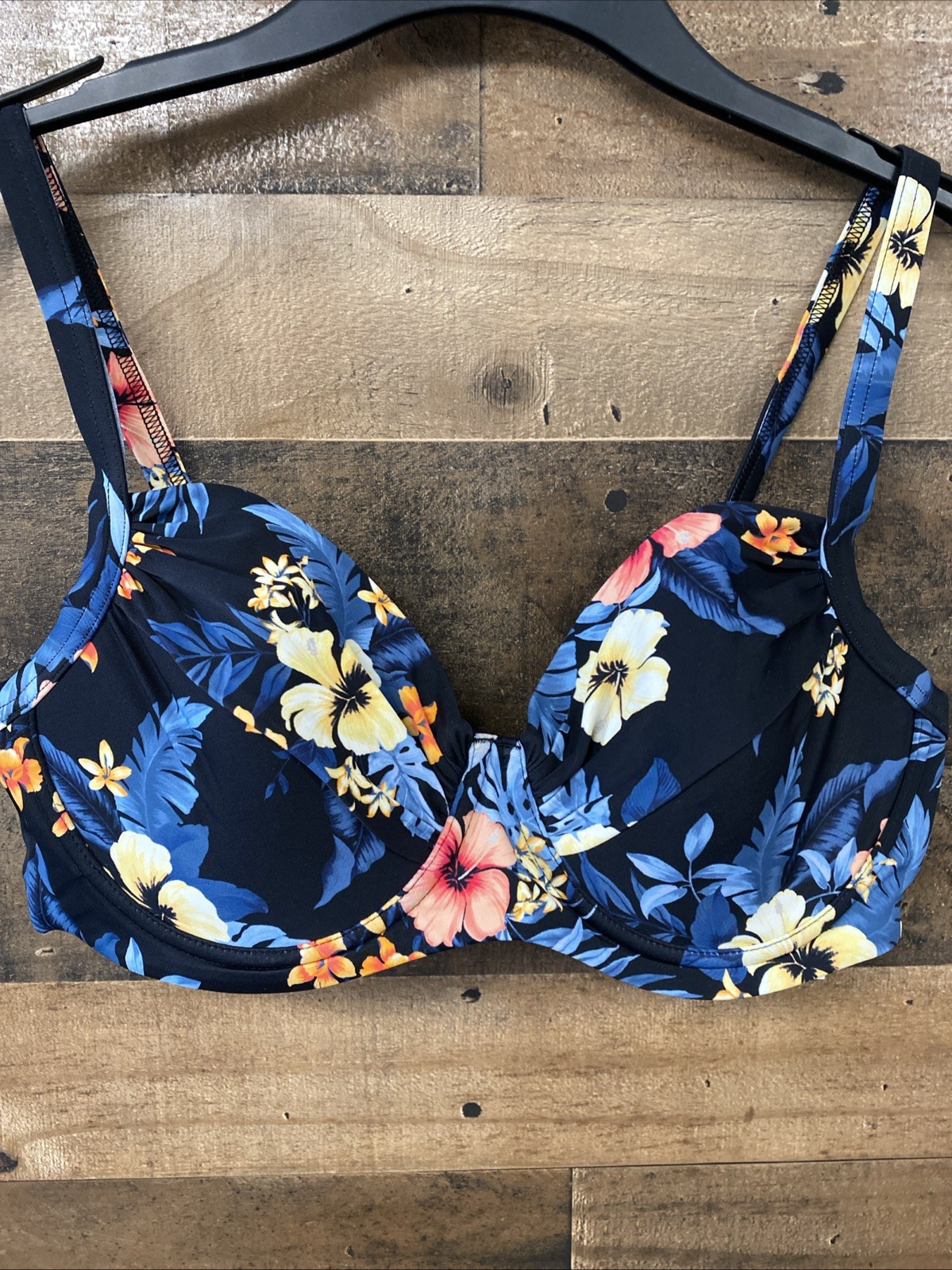 Lands’ End Women’s Retro Underwire Bikini Top – Black Floral SPF-50 Size 10