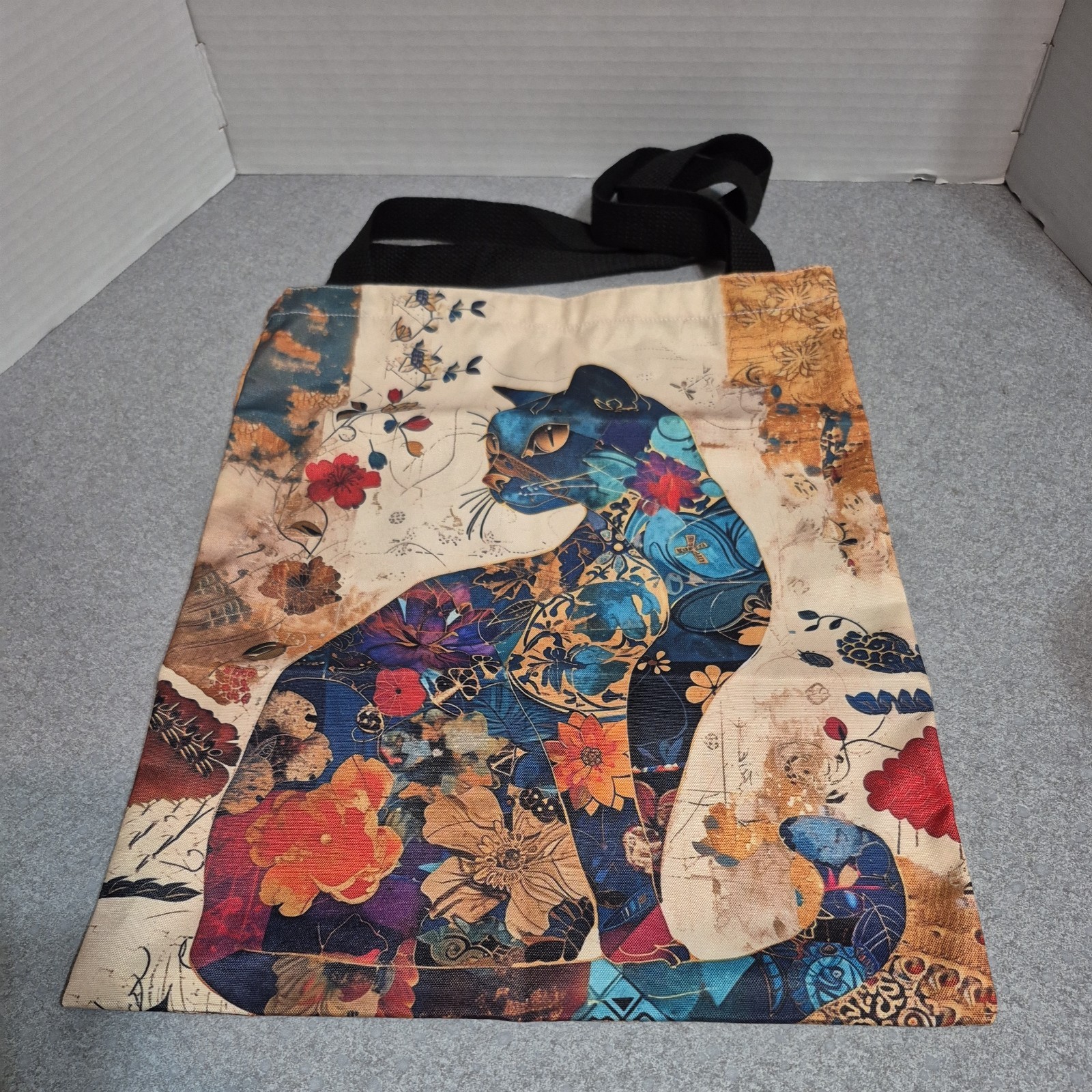 Fujian Floral Blue Cat Print Polyester Tote Bag