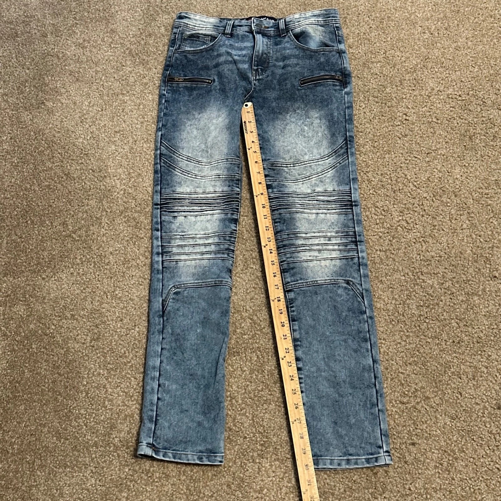 Mens Biker Jeans 30X30 Acid Wash Blue Moto Denim Ribbed Knee Zipper Slim Fit