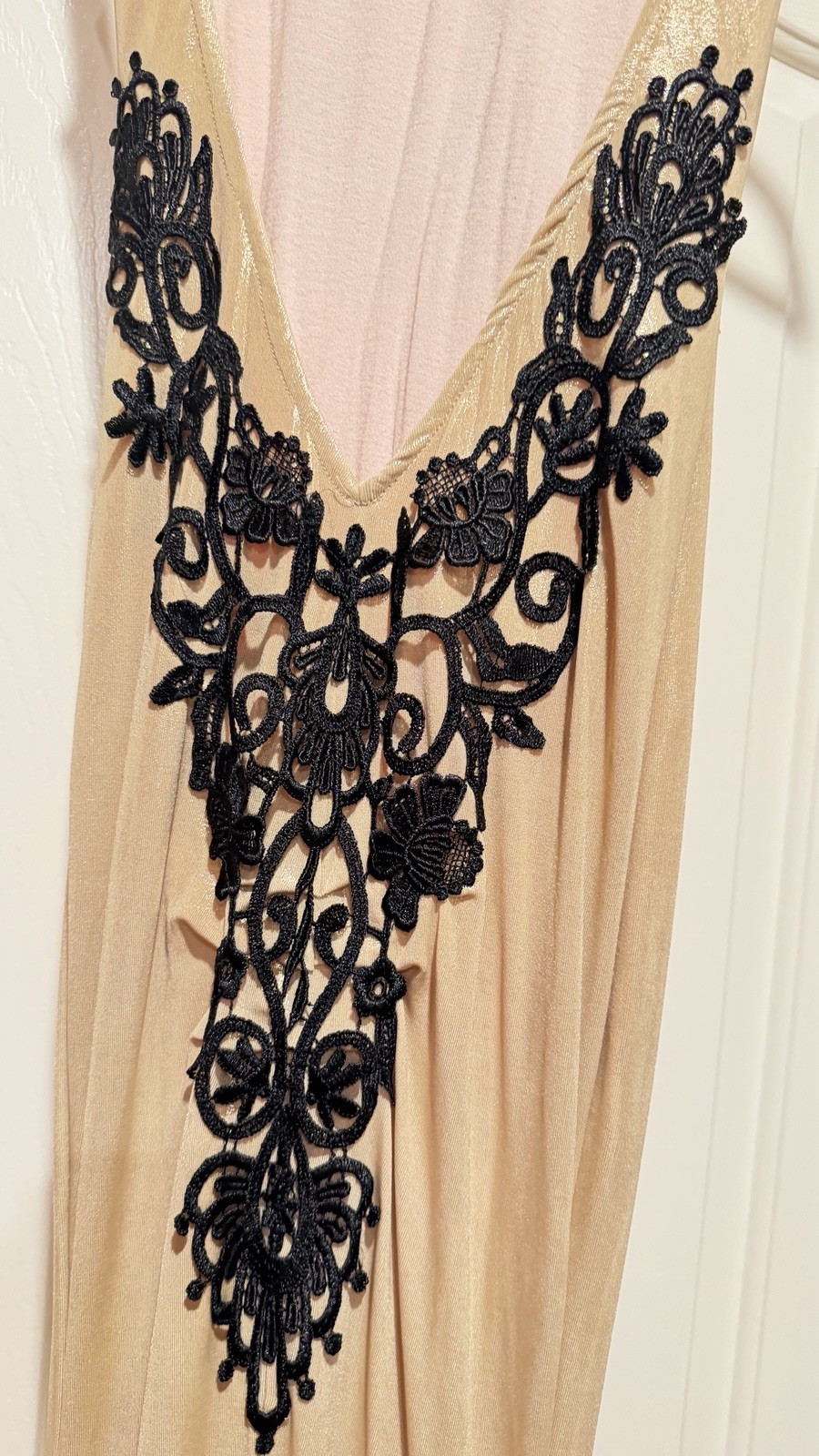 BBY Butterfly Collection Gold Metallic Maxi Gown Lace Plunge Dress EU 36 US 4