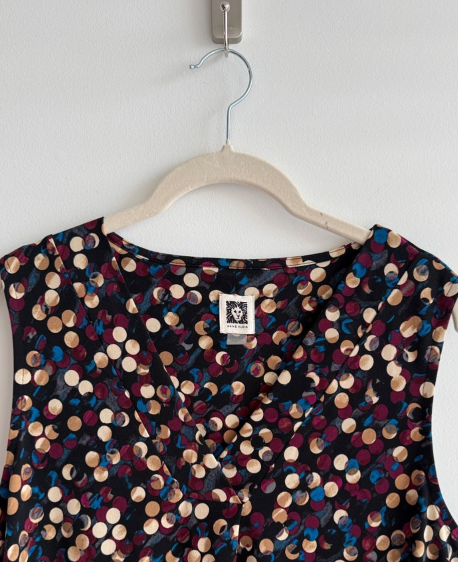 Anne Klein Polka Dot Pleat Colorful V-Neck Sleeveless Top Blouse Women’s M