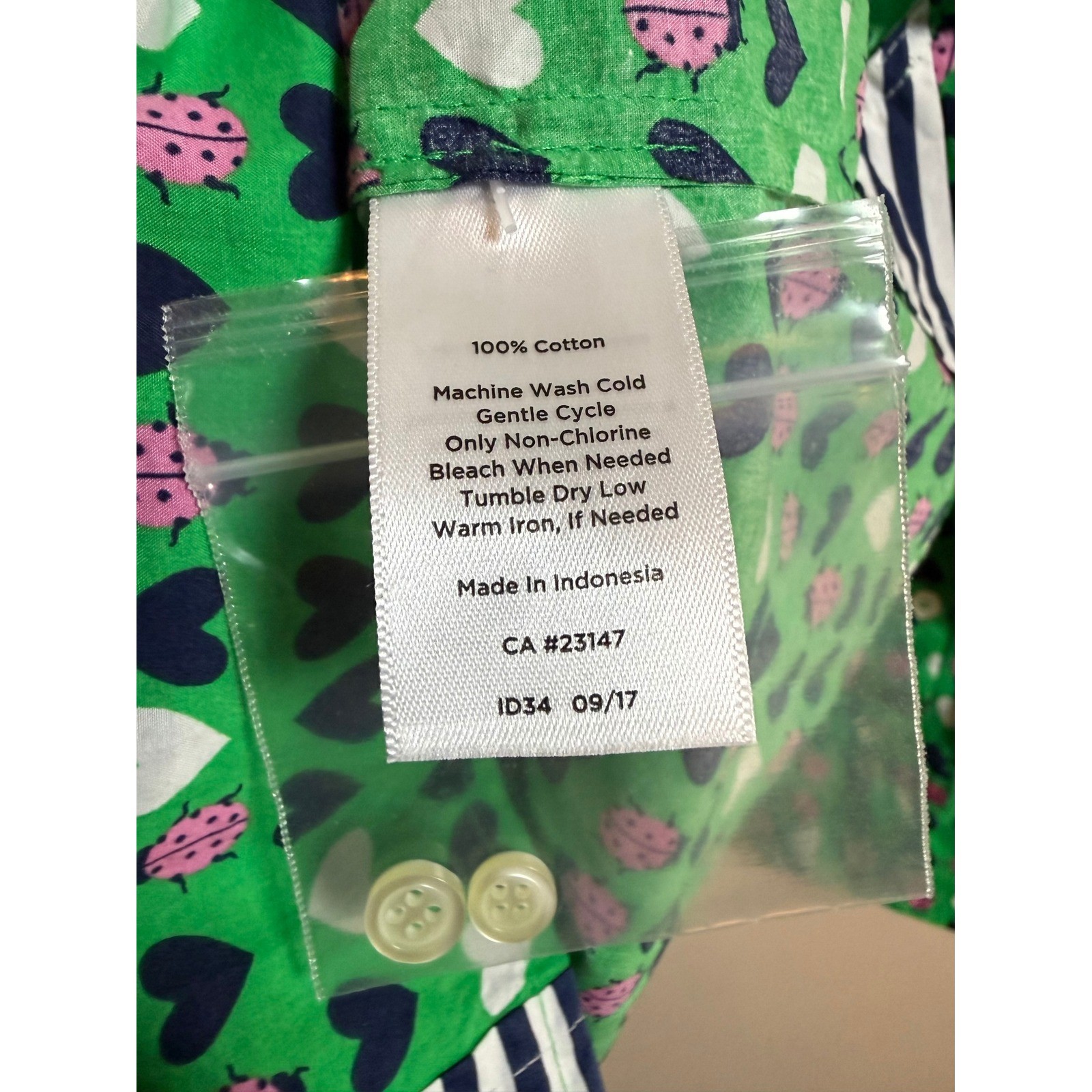 Talbots Green Ladybug Heart Print Button Down Shirt XL Womens Long Sleeve NWOT