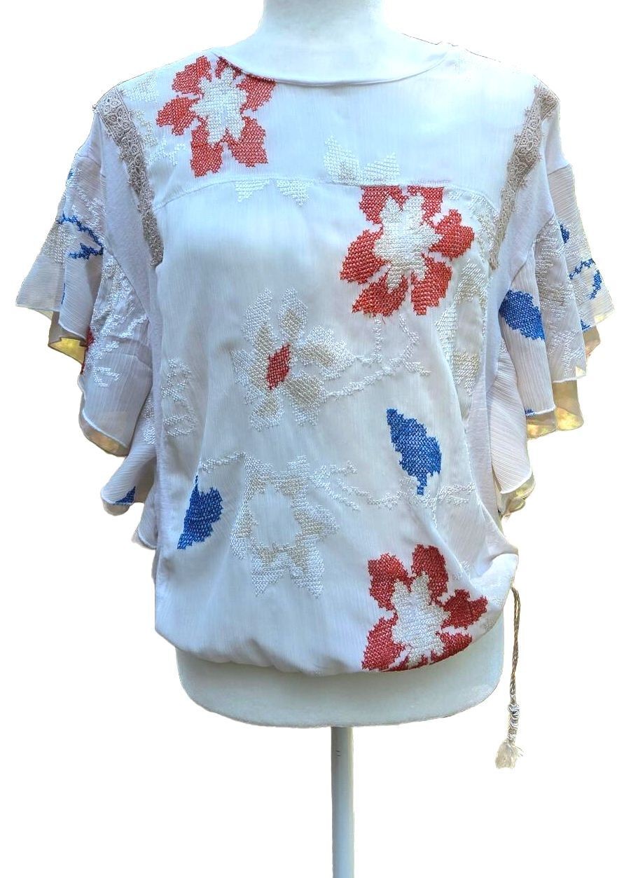 Boho Embroidered Whimsy Linen Blend Blouse White Red Blue Flowy Ruffle Sleeve M