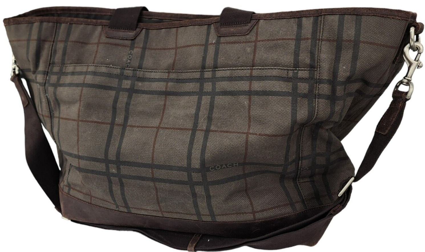 COACH Camden Brown Plaid Fatigue Canvas Tatersall Tote Weekend Travel Bag
