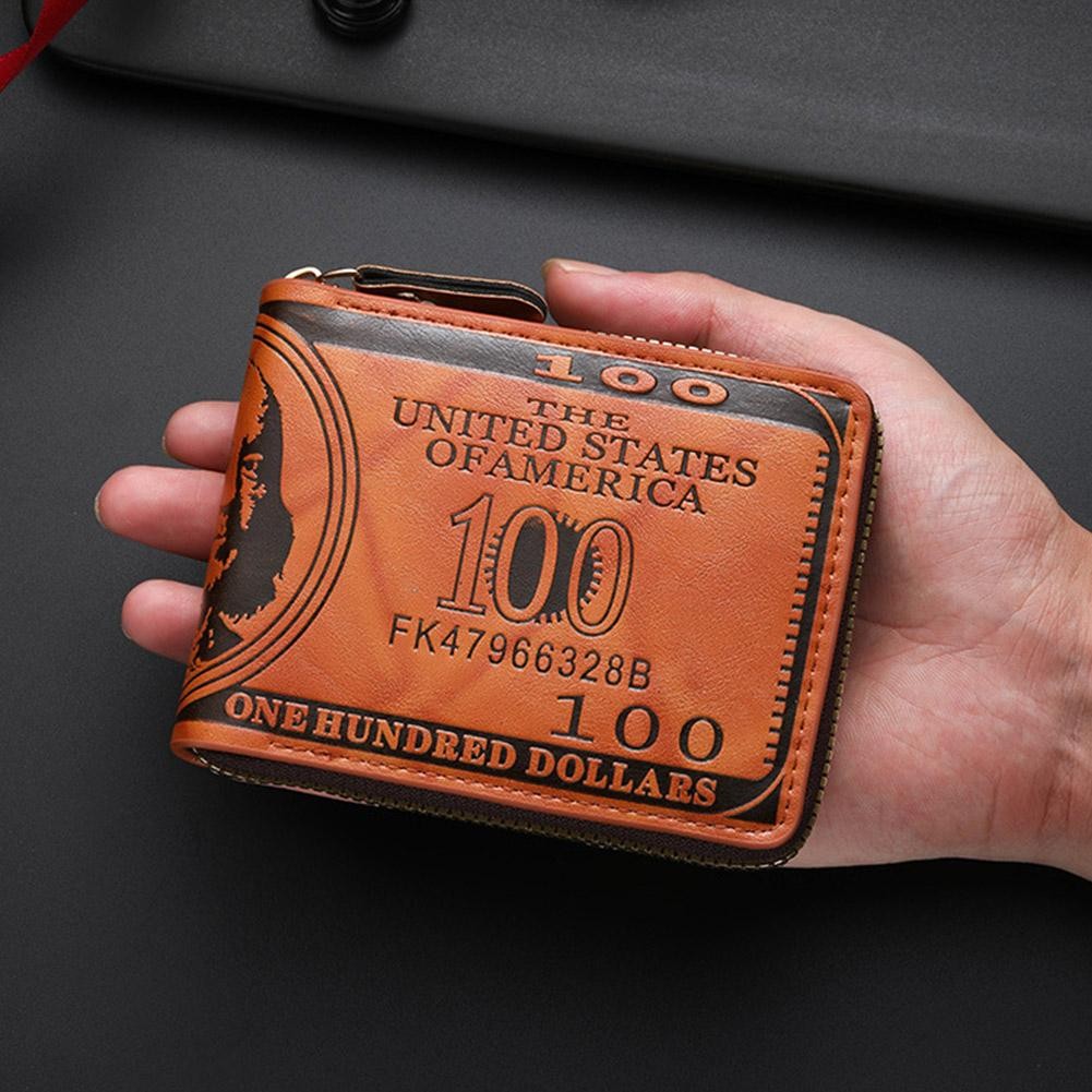 Men’s Wallets with 100 US Dollar Pattern Hasp Male Leather Wallet with Zipper