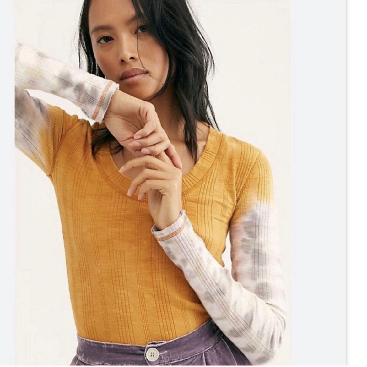 We The Free Big Sur Ribbed Tie-Dye Contrast Sleeve Top Size S