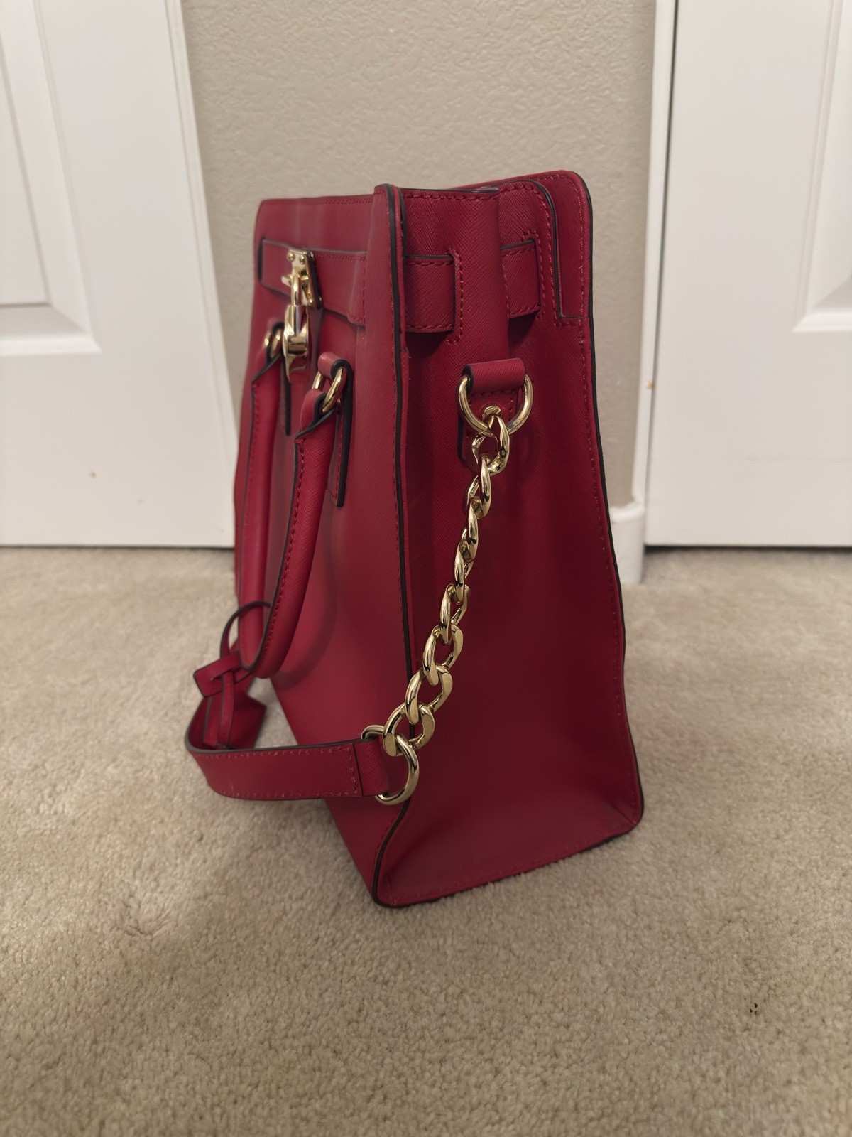 Michael Kors Red Medium Satchel Top Handle Bag Chain Strap Gold Hardware Lock