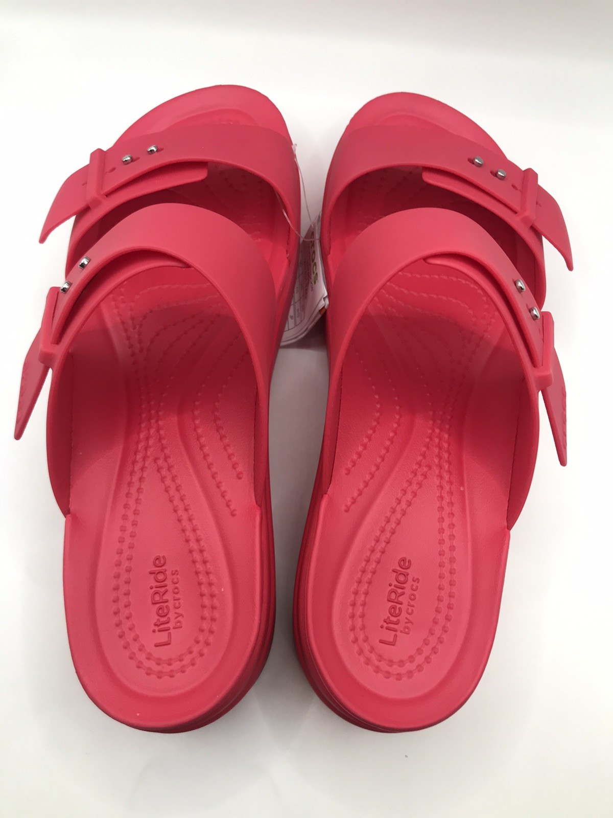 WOMEN’S CROCS WATERMELON RED BROOKLYN BUCKLE LOW WEDGE SLIDE SANDAL SIZE 10 NWT