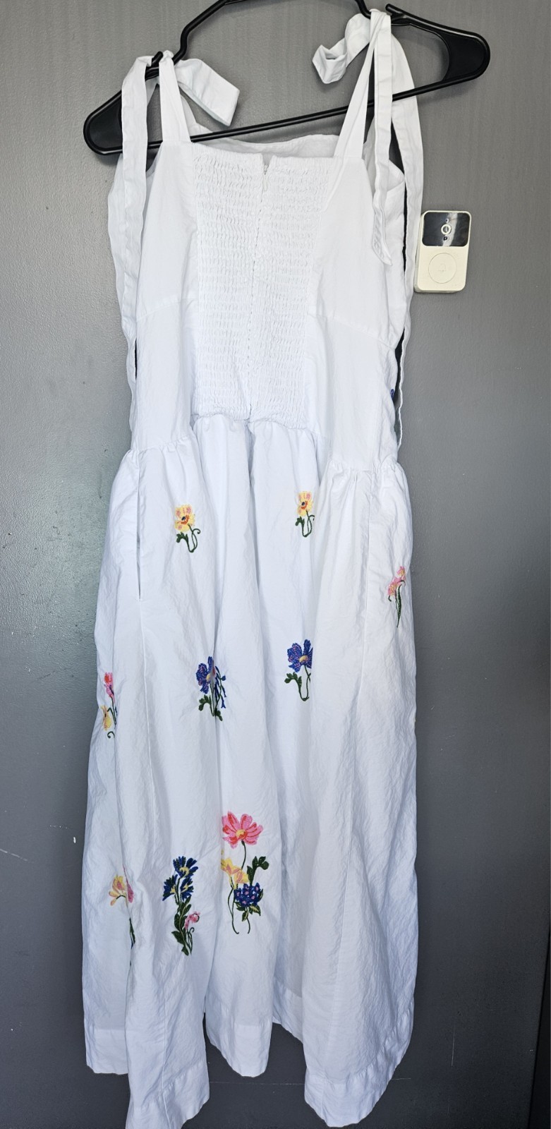 Free Assembly White Floral Embroidered Smocked Tie Strap Midi Dress XS