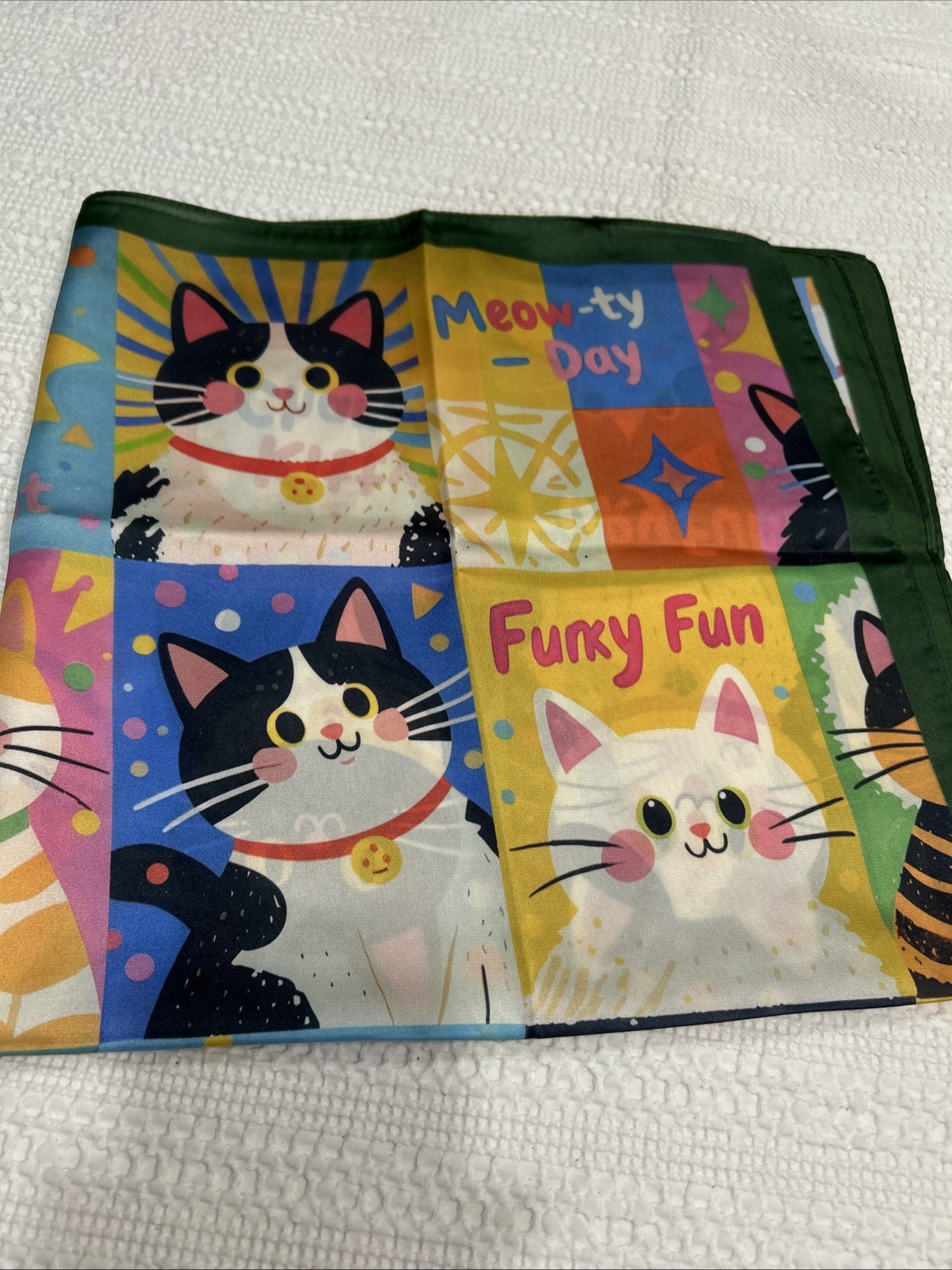 Colorful Cats Funky Fun 26” Square Scarf Floaty Green Border New Breeds Kitties