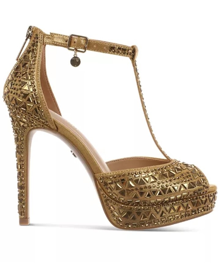 Thalia Sodi Women’s Chace Embellished T-Strap Platform Pumps – Color Gold & Red