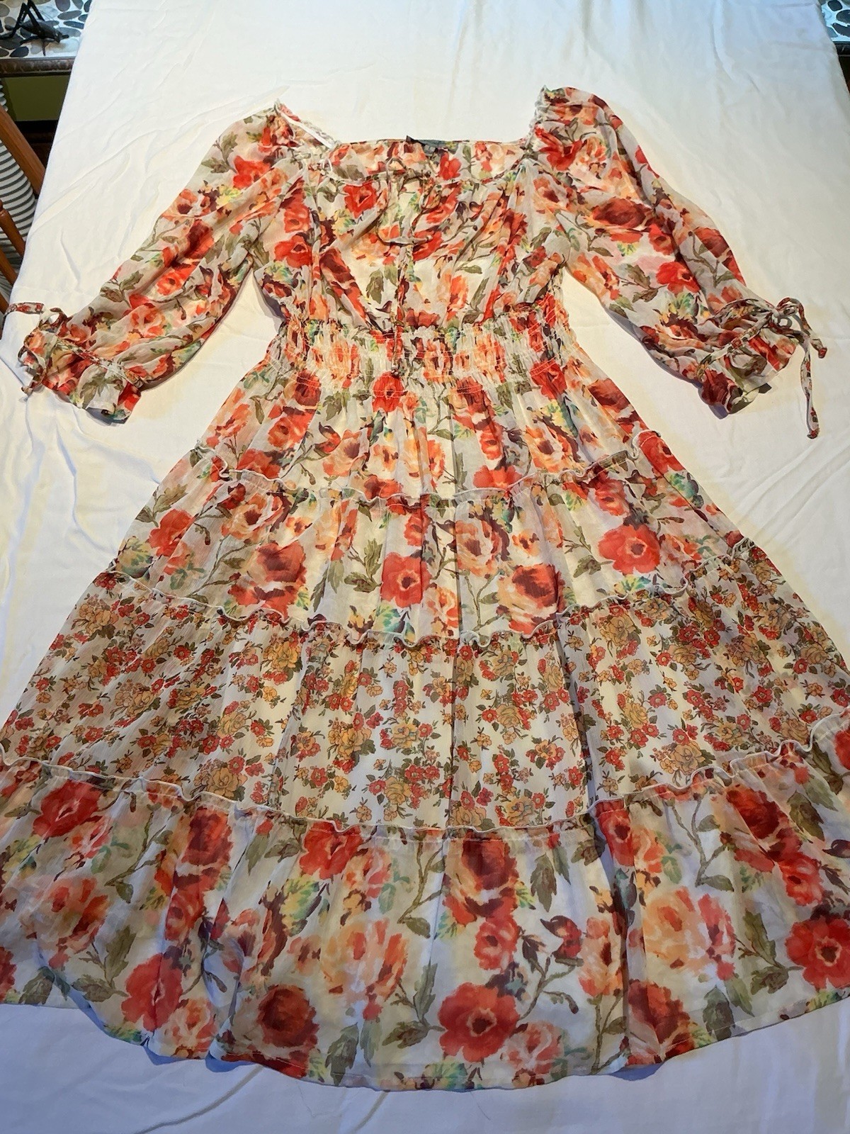 Lightweight Floral Bohemian Dress L Smocked Waist Ruffle Cottagecore Country