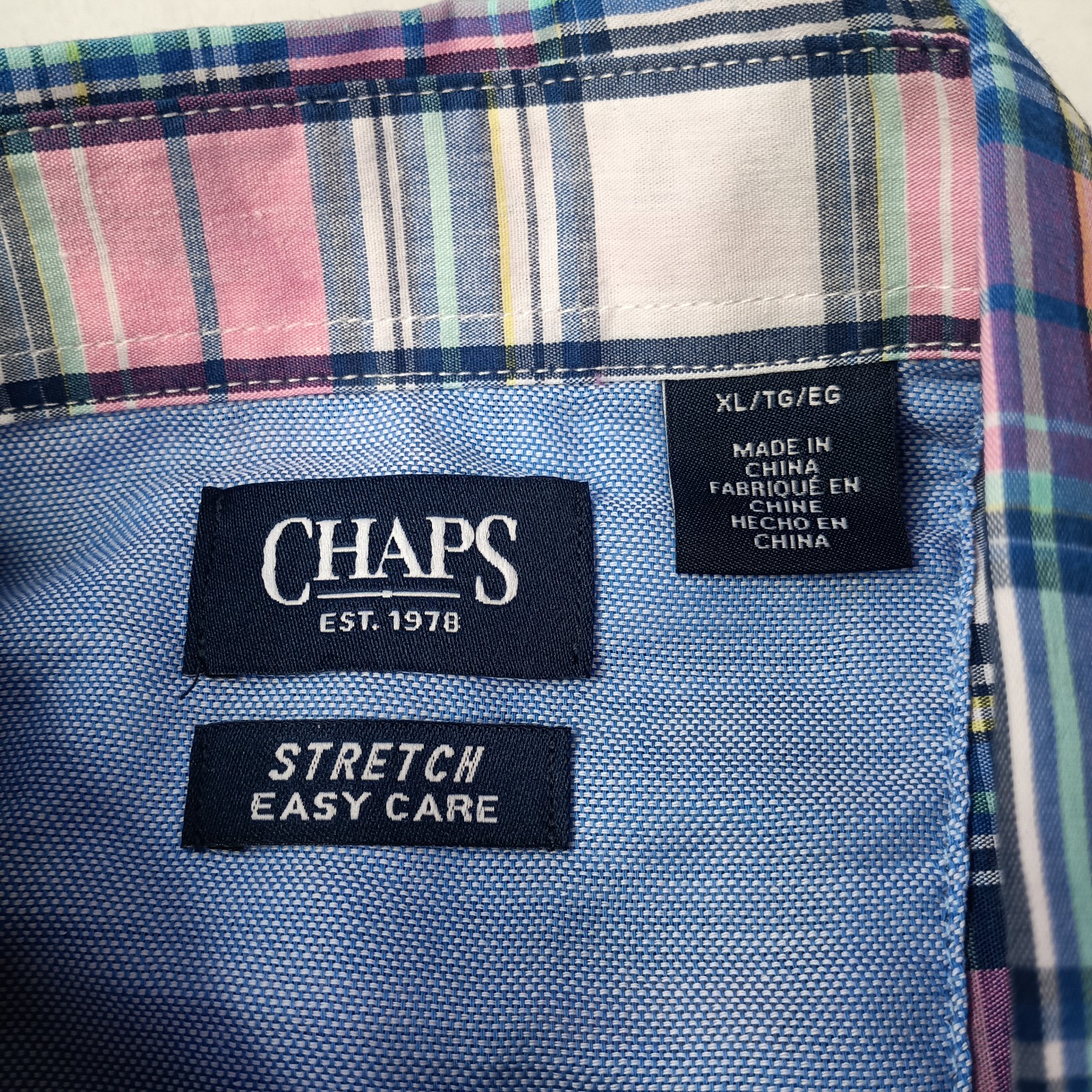Chaps Easy Care Woven Shirt Men’s Size XL Peony Pink Plaid Stretch Classic Fit