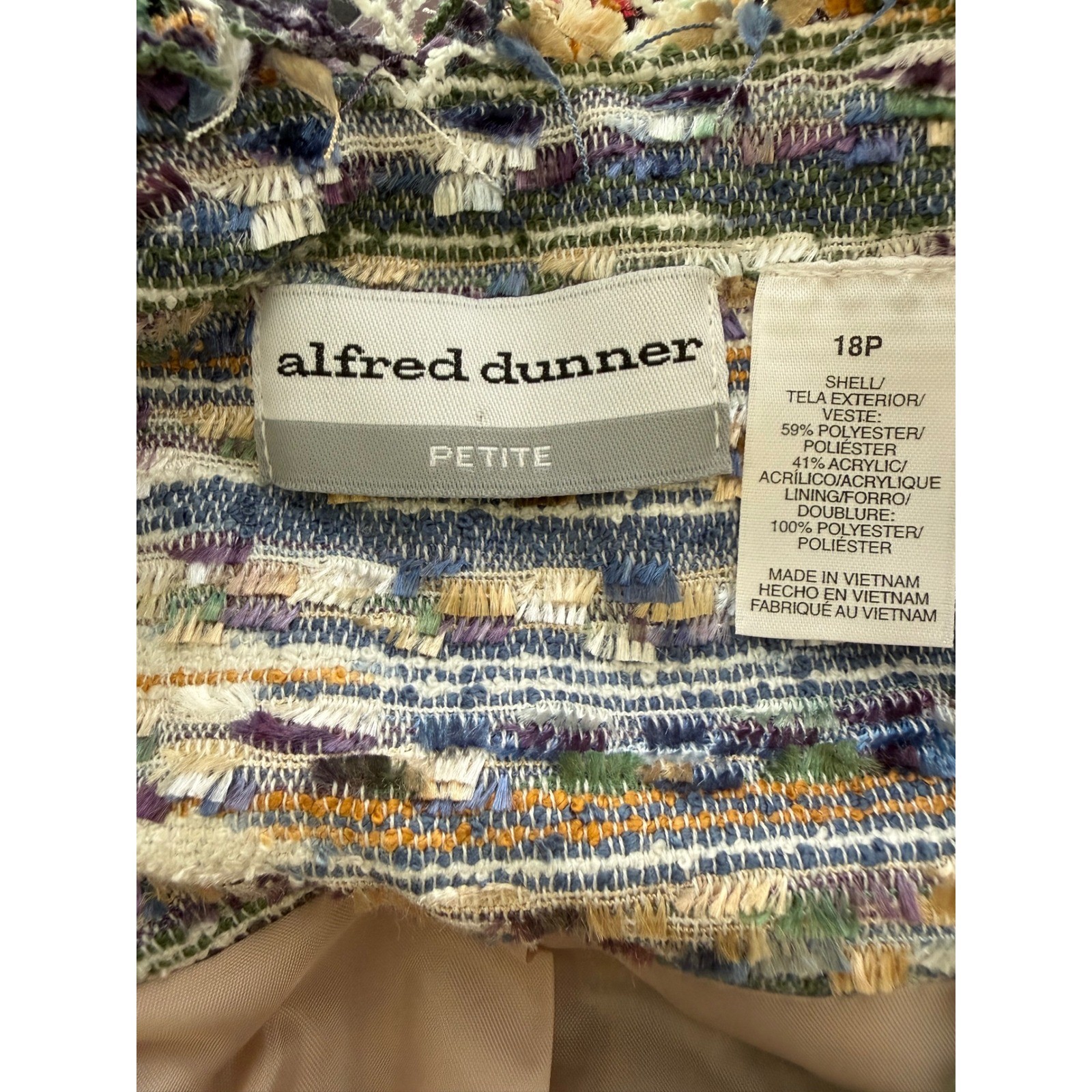 Alfred Dunner Jacket Women 18P Multi Color Excellent Tweed Fringed Open Front