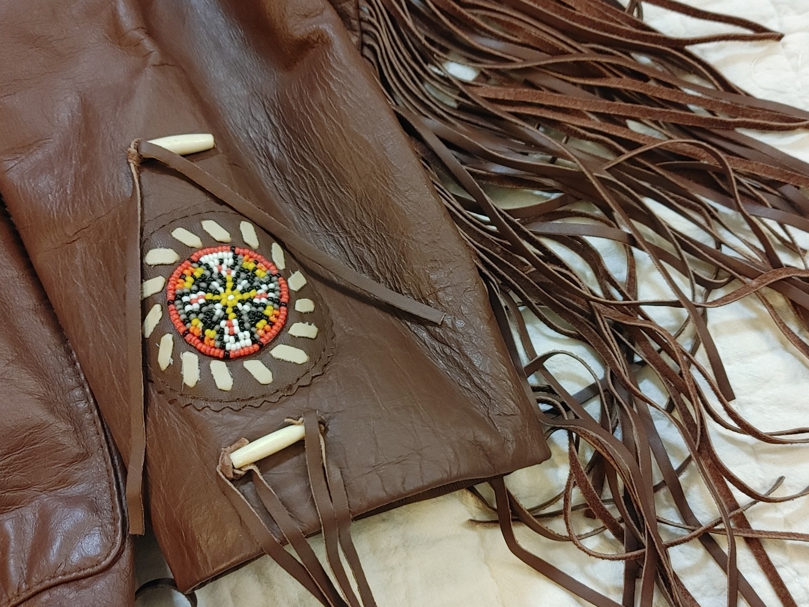 Vintage 70s Lariat Leather Fringe Jacket Beaded Western Cowboy Hippie Ranch USA