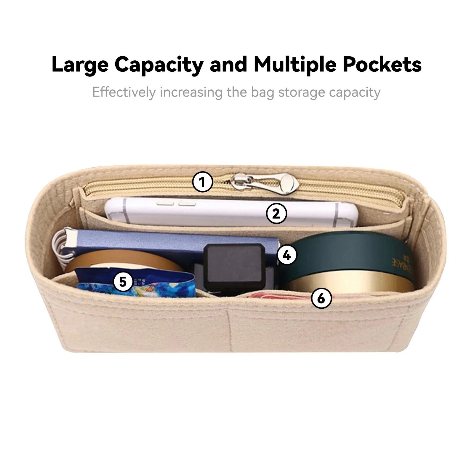 Felt Bag Organizer Insert with Zipper Multi Pocket Purse Liner Handbag Organizer