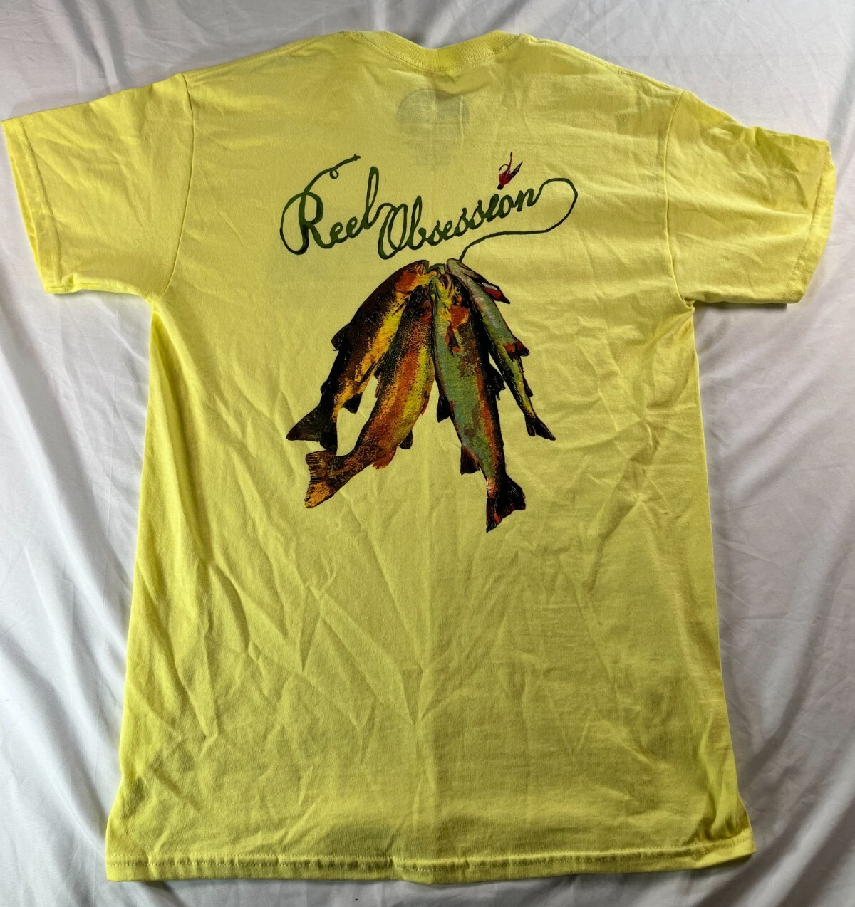 Fishing Shirt Mens Sz Medium Reel Obsession Short Sleeve T Shirt Yellow Trout