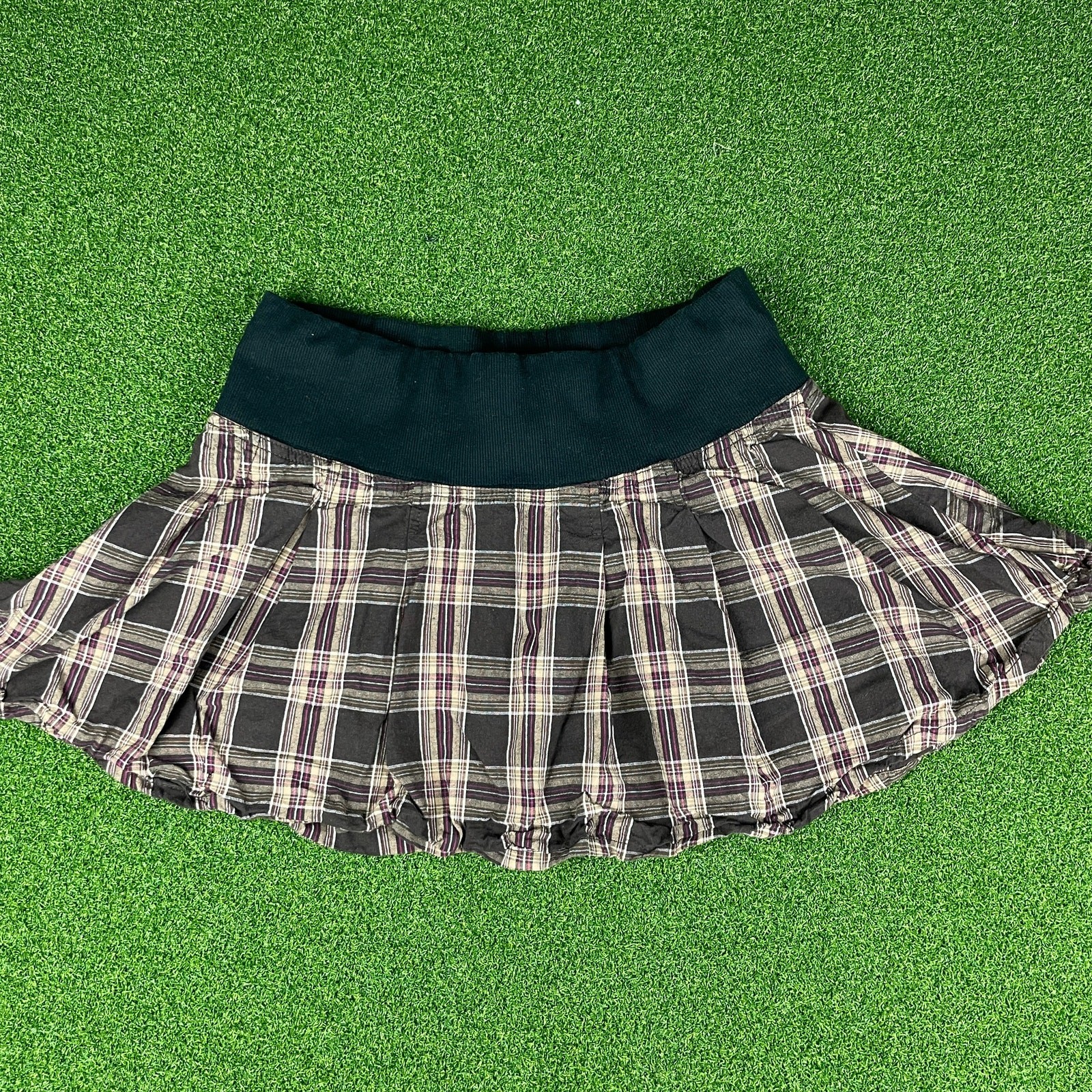 Squeeze Jeans Juniors Brown Plaid Elastic Wide Waistband Pleated Mini Skirt Sz L