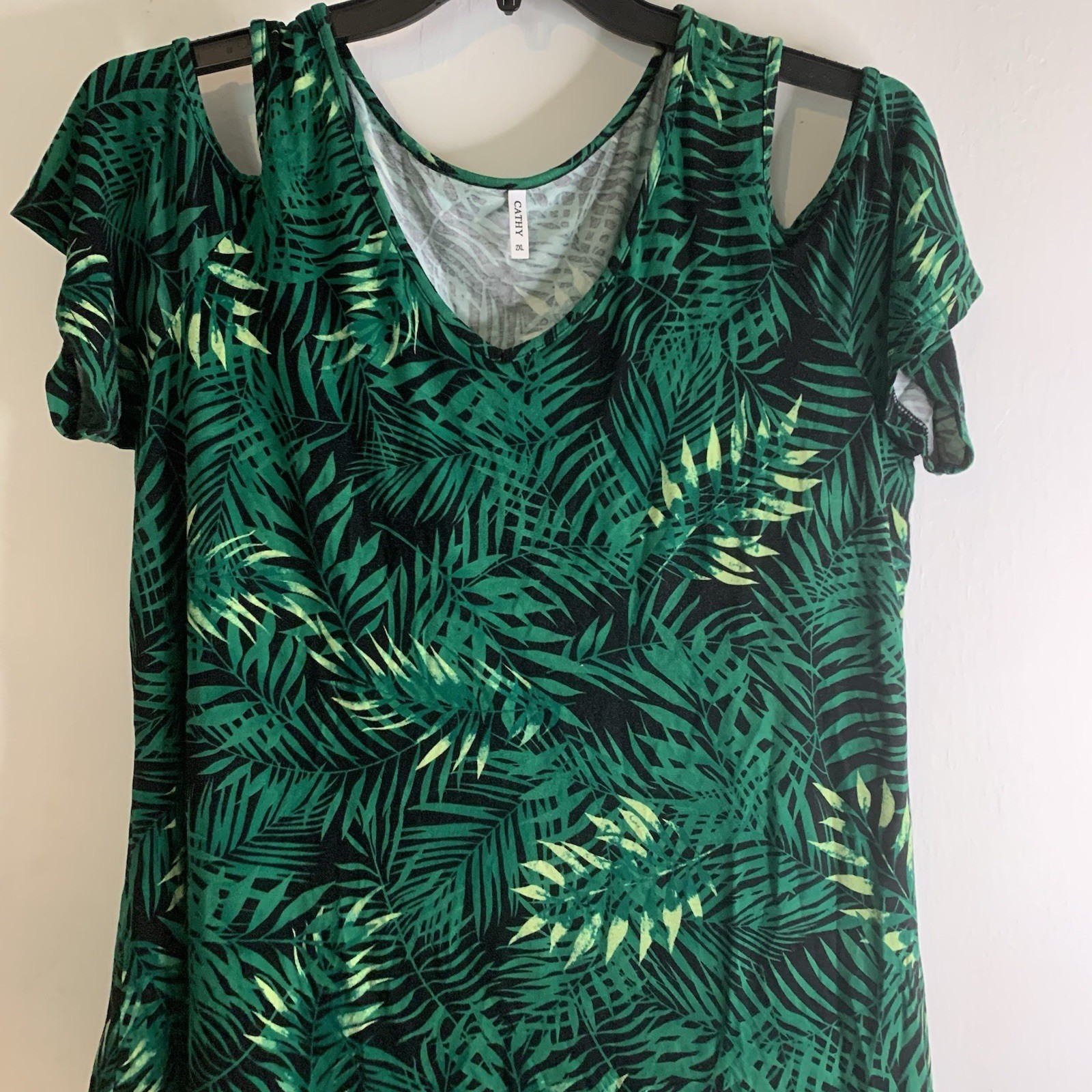 Cathy Palm Tropical Palm V Neck Womens 2XL Flowy Stretch Sleeve Cut Outs Top