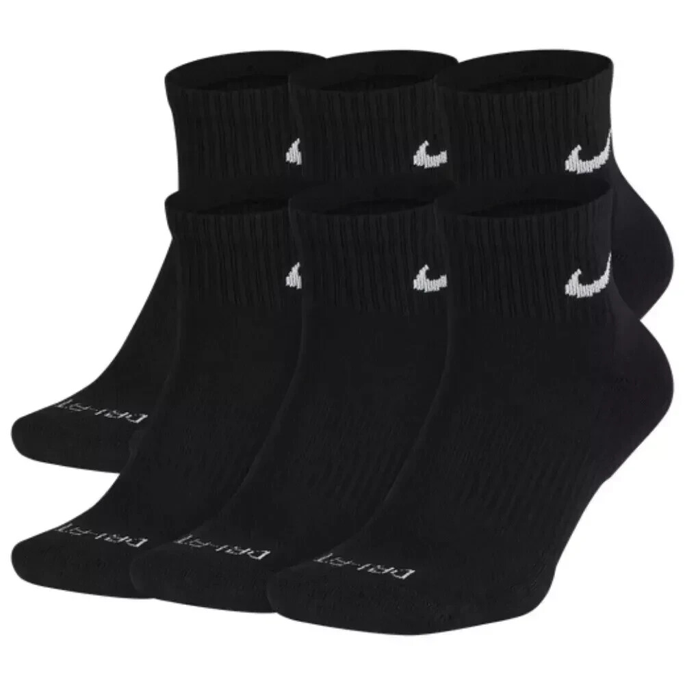 Nike Everyday Plus Cushion Drifit UNISEX Ankle Socks, Size LARGE- Black- 6 Pair